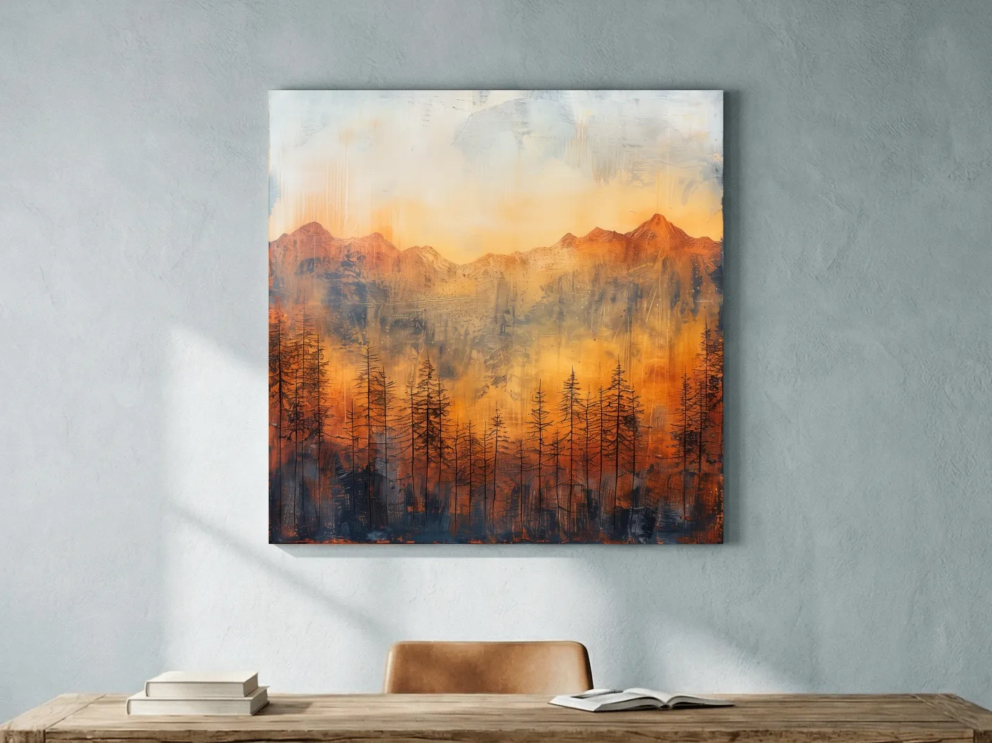 Moody Abstract Mountain Sunrise With Silhouetted Pine Forest - Textured Landscape Painting
