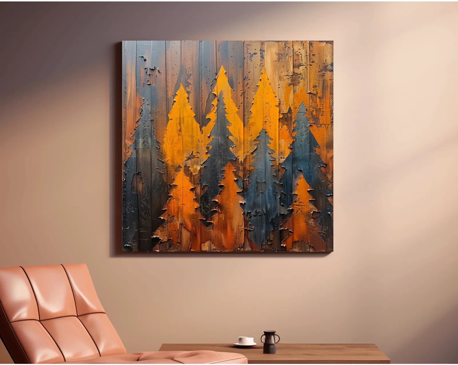 Textured Autumn Pine Forest Silhouettes - Rustic Painted Wood Wall Art
