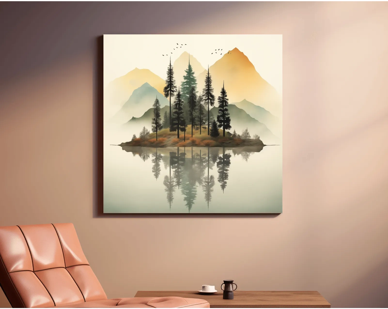Misty Pine Forest Island Reflection - Minimalist Mountain Lake Wall Art