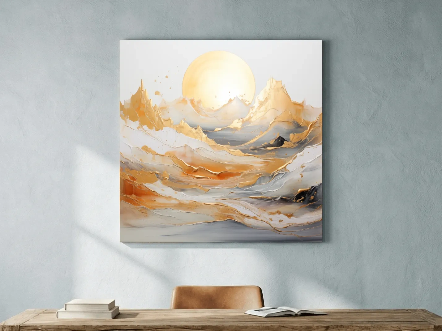 Gold Leaf Abstract Mountains Painting - Minimalist Sunrise Landscape Wall Art