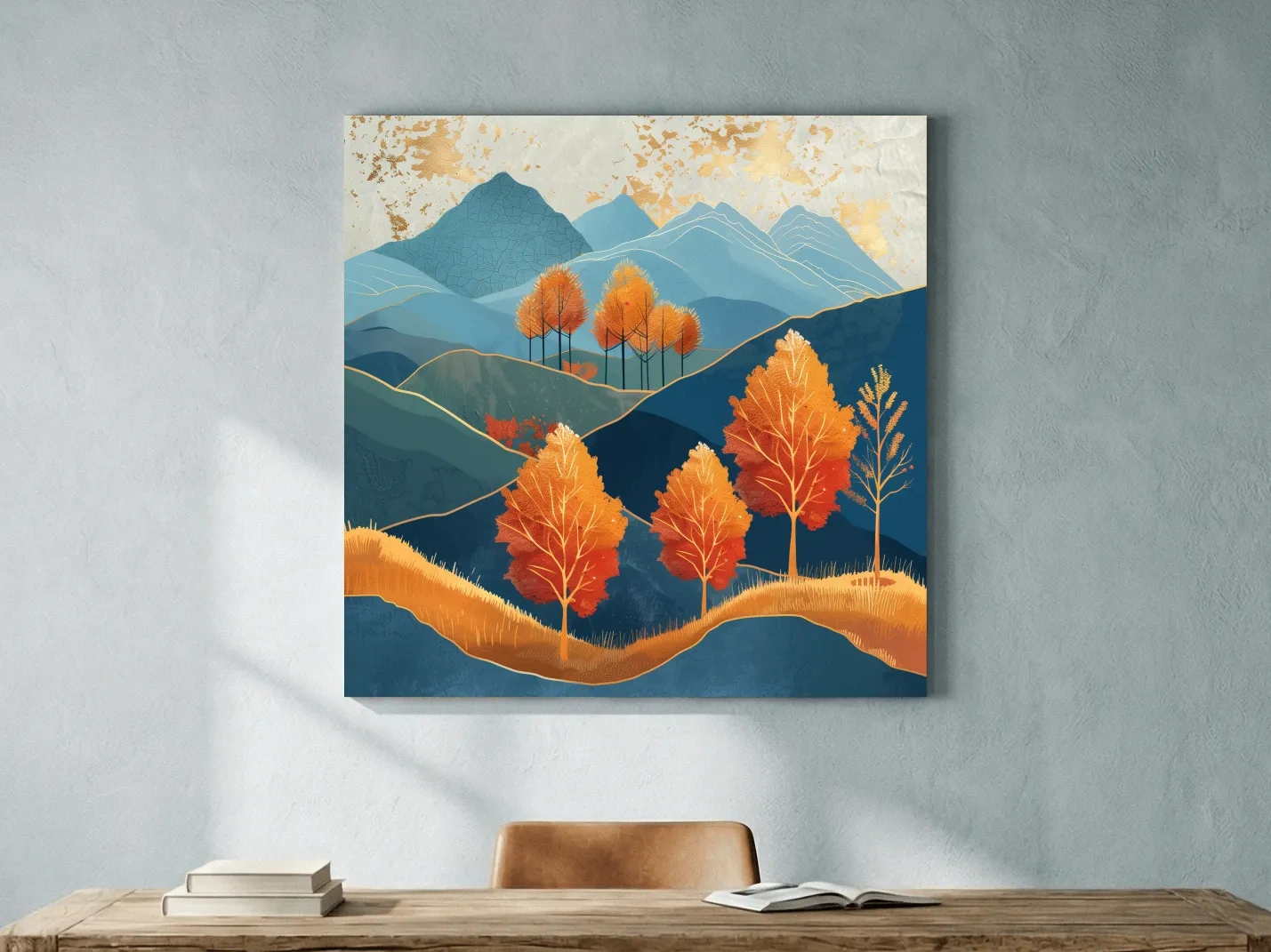 Autumn Aspen Trees In Layered Blue Mountains - Modern Gold Leaf Style Wall Art