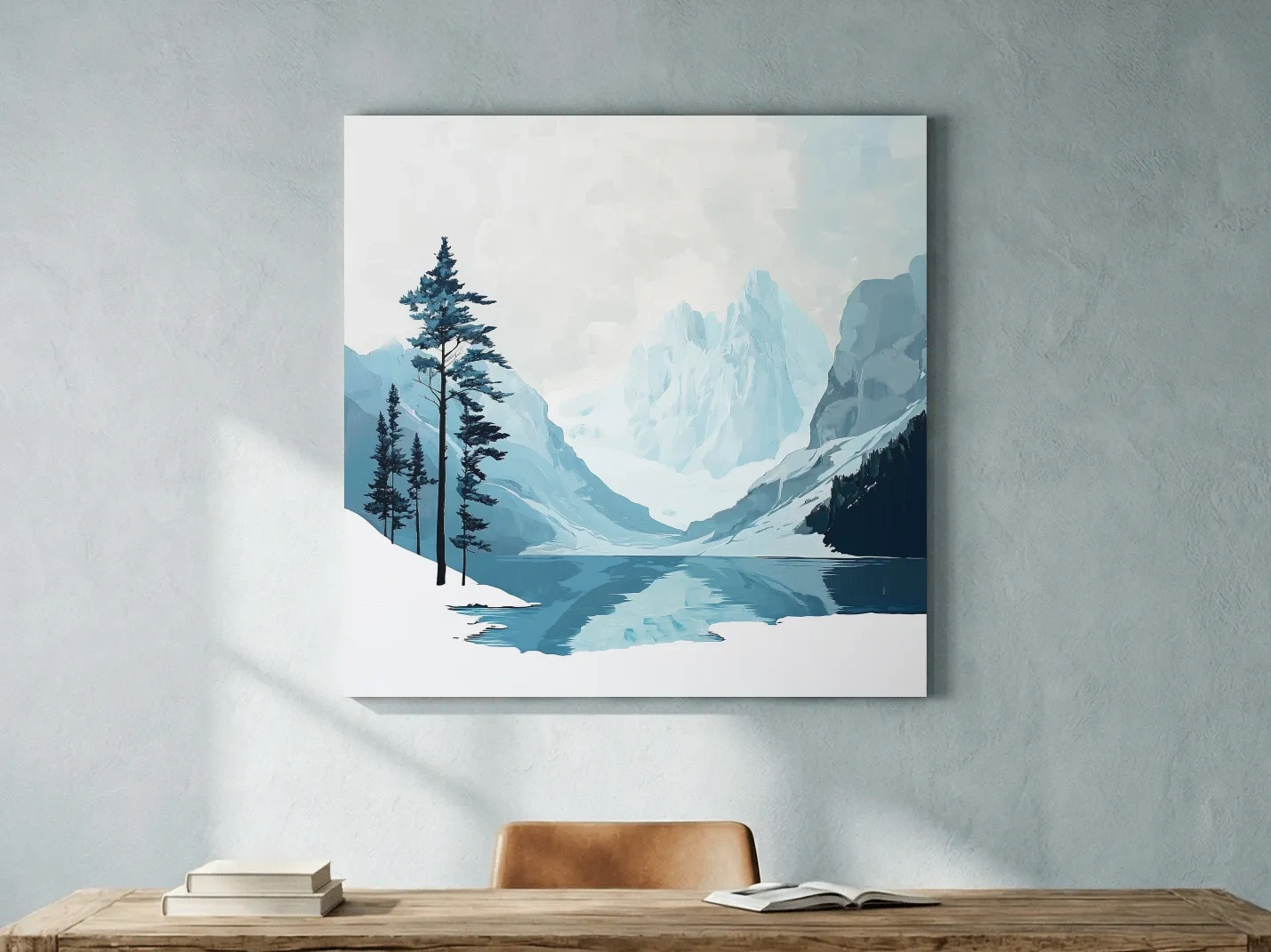 Minimalist Icy Mountain Lake - Scandinavian Winter Landscape Artwork