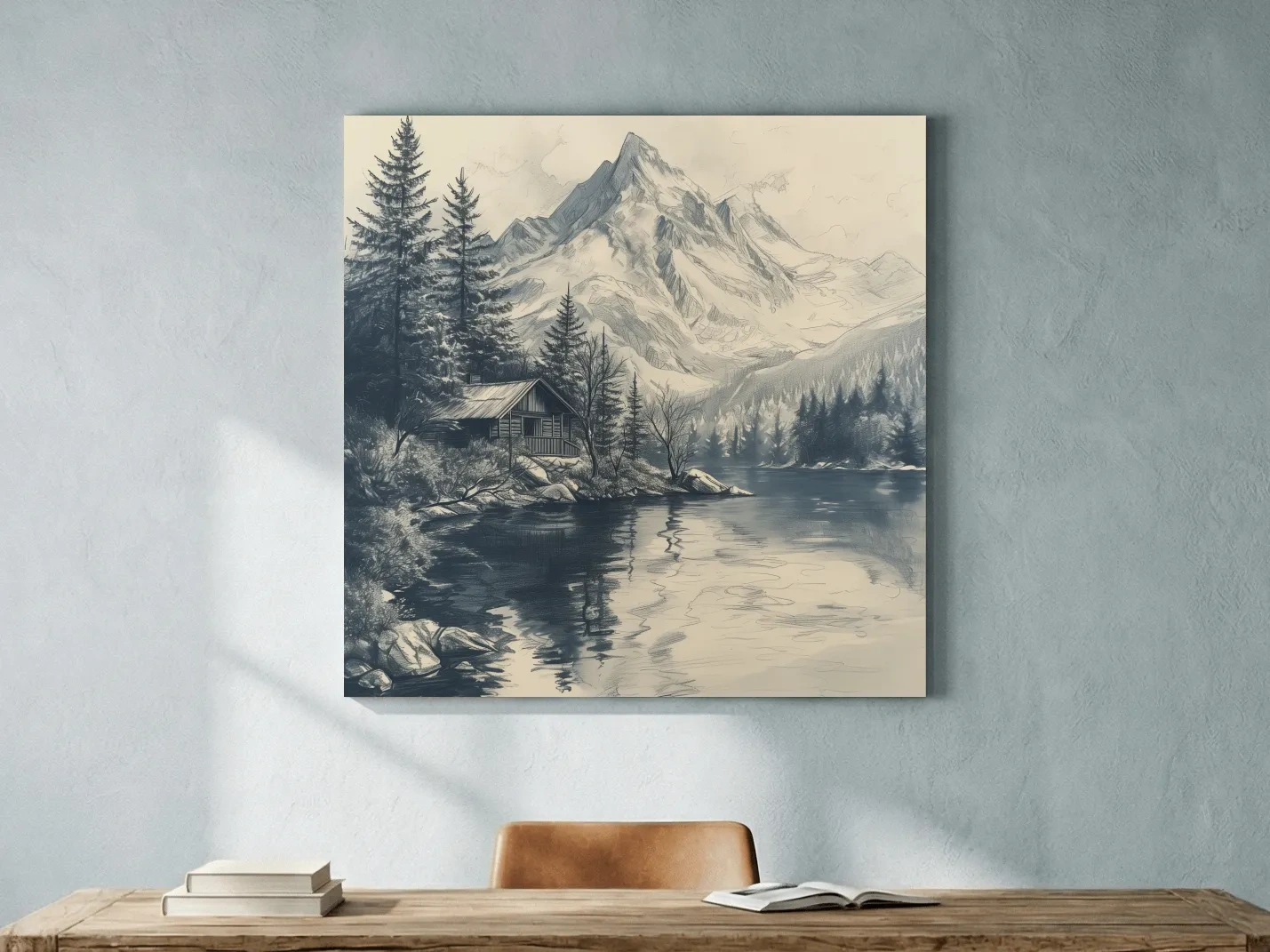 Vintage Alpine Cabin By Mountain Lake - Monochrome Pencil Sketch Landscape Wall Art