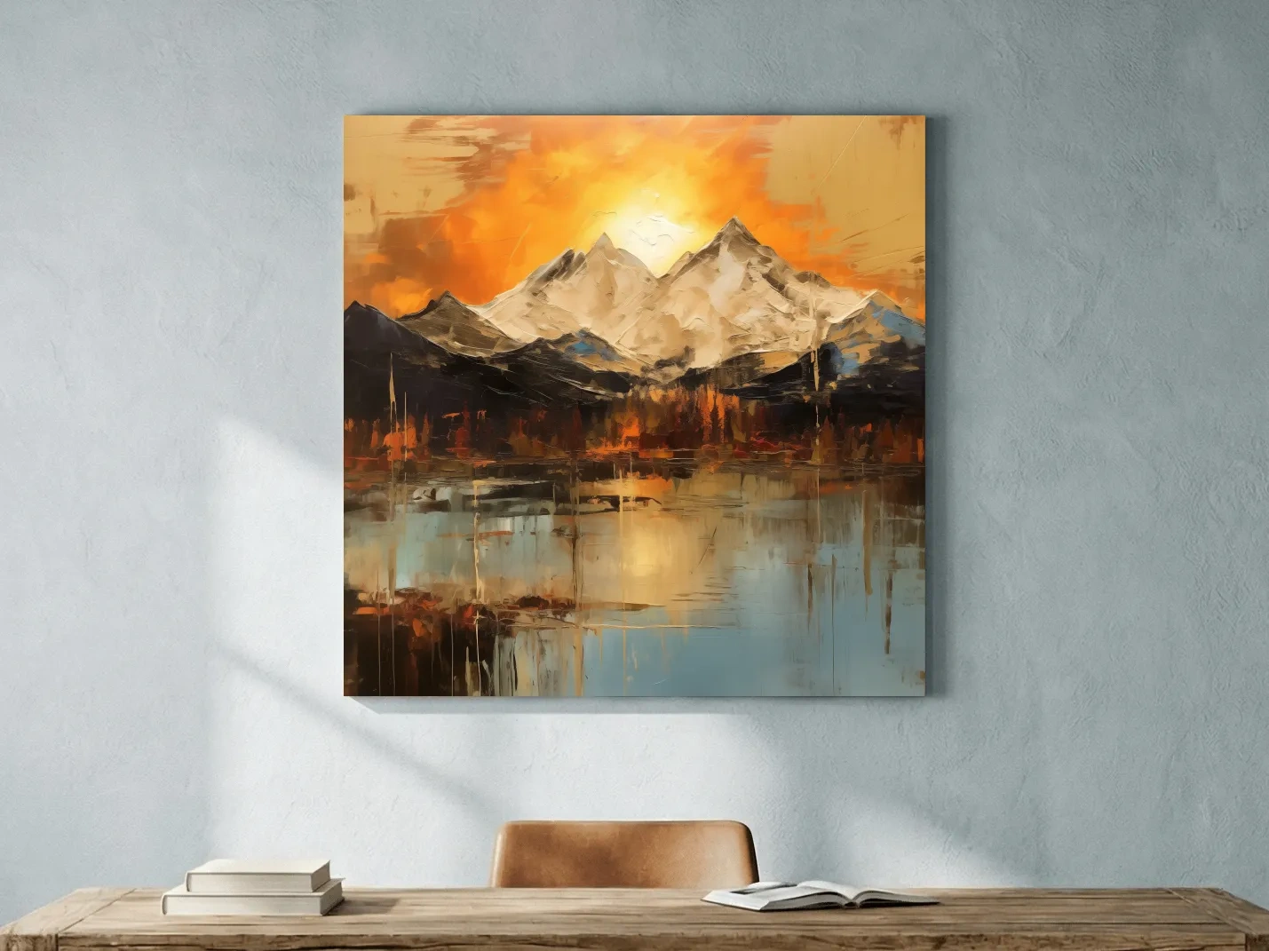 Abstract Mountain Lake Sunset - Textured Effect Alpine Wall Art