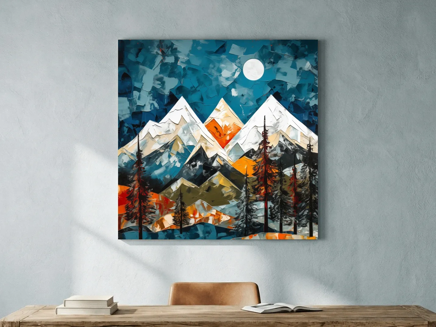 Abstract Impasto Style Mountain Nightscape - Moonlit Alpine Landscape Wall Art