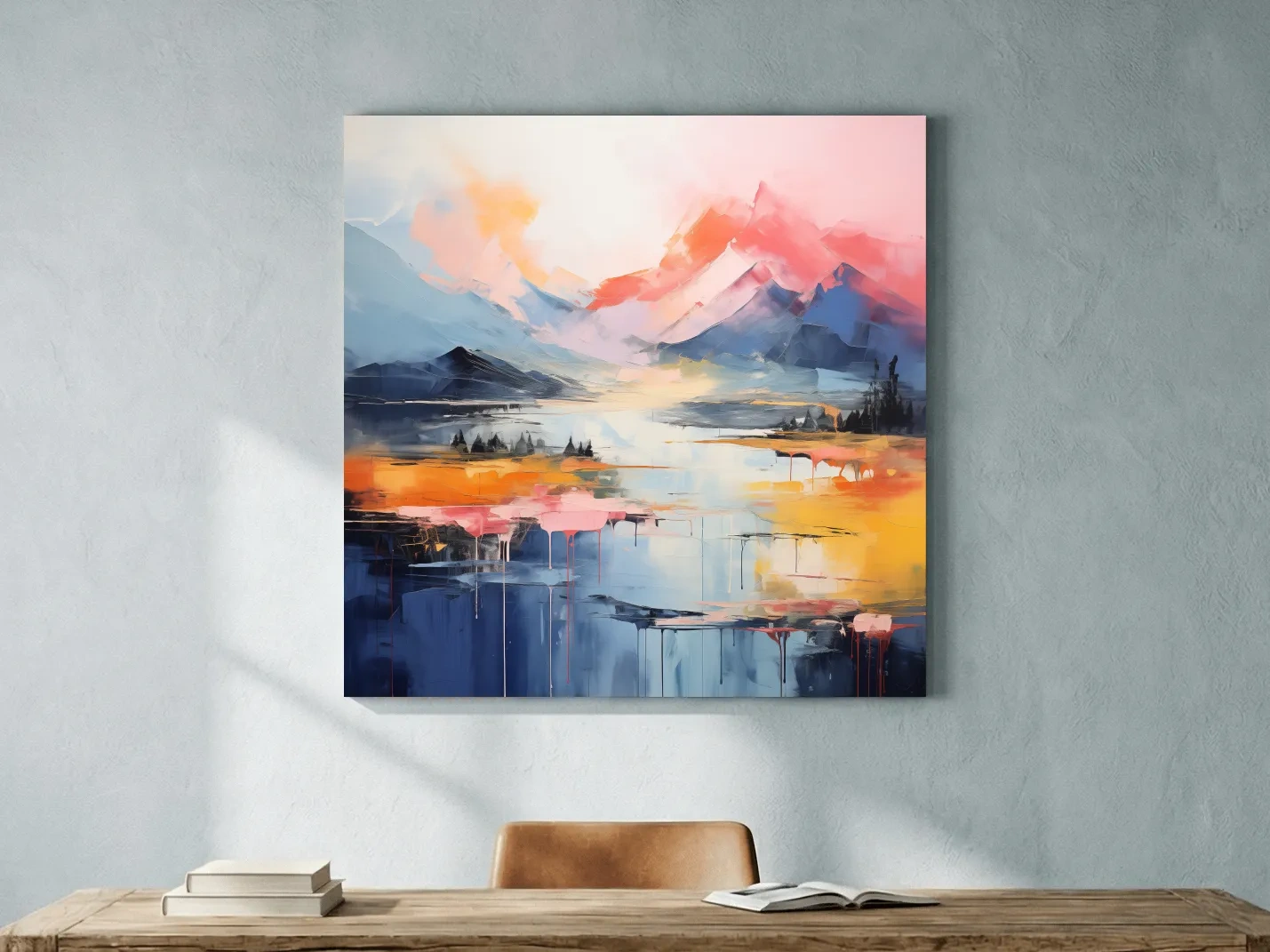 Vibrant Abstract Mountain Lake Sunset Painting - Colorful Modern Landscape Wall Art