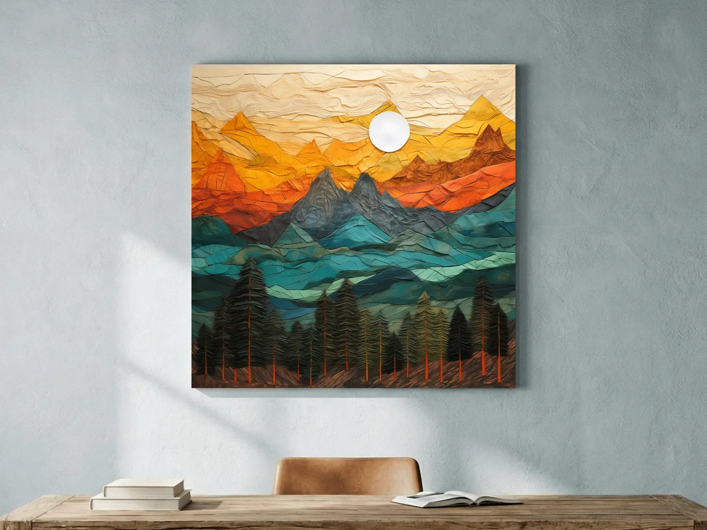 Layered Paper Cut Style Mountain Sunset - Colorful Abstract Forest Landscape Wall Art