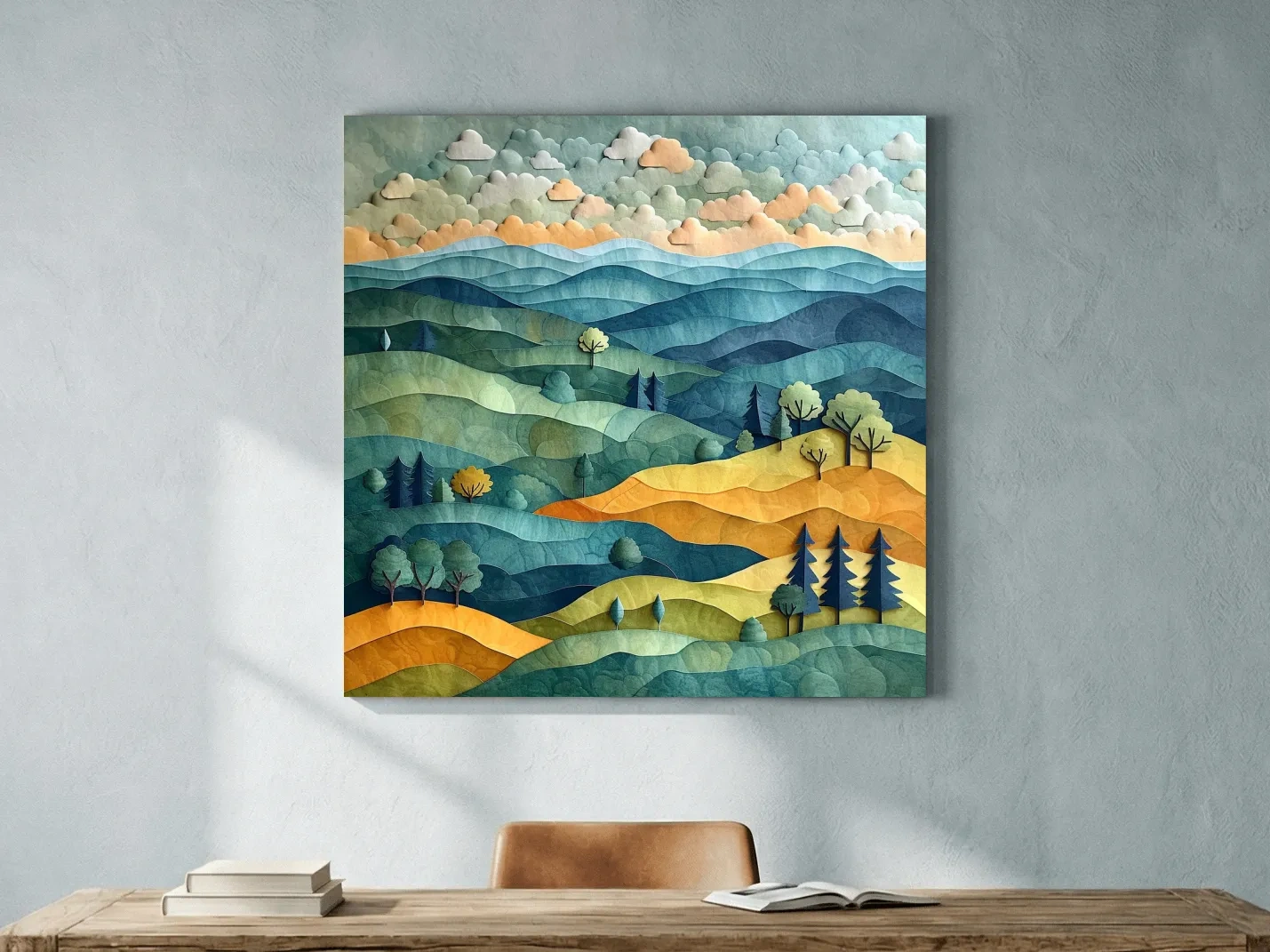 Layered Paper Cut Mountain Landscape - Mixed Media Forest Wall Art