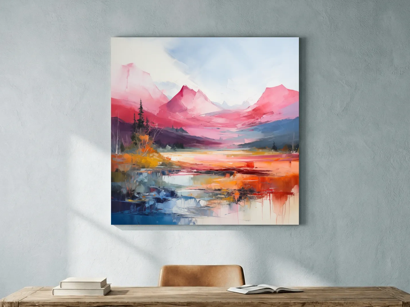 Vibrant Abstract Impressionist Alpine Lake Sunset Painting - Colorful Mountain Wall Art