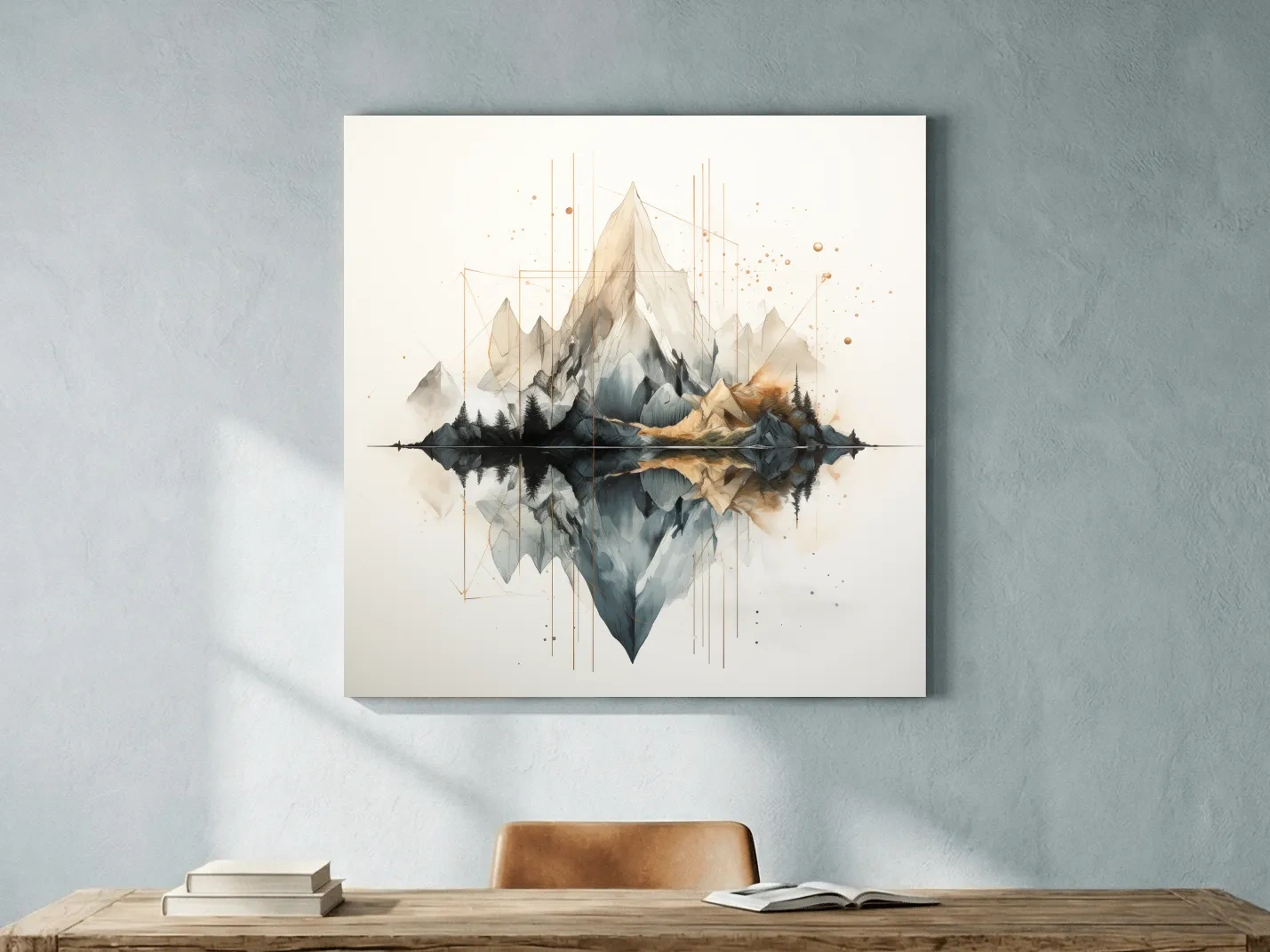 Geometric Watercolor Mountain Reflection Landscape - Modern Minimalist Wall Art