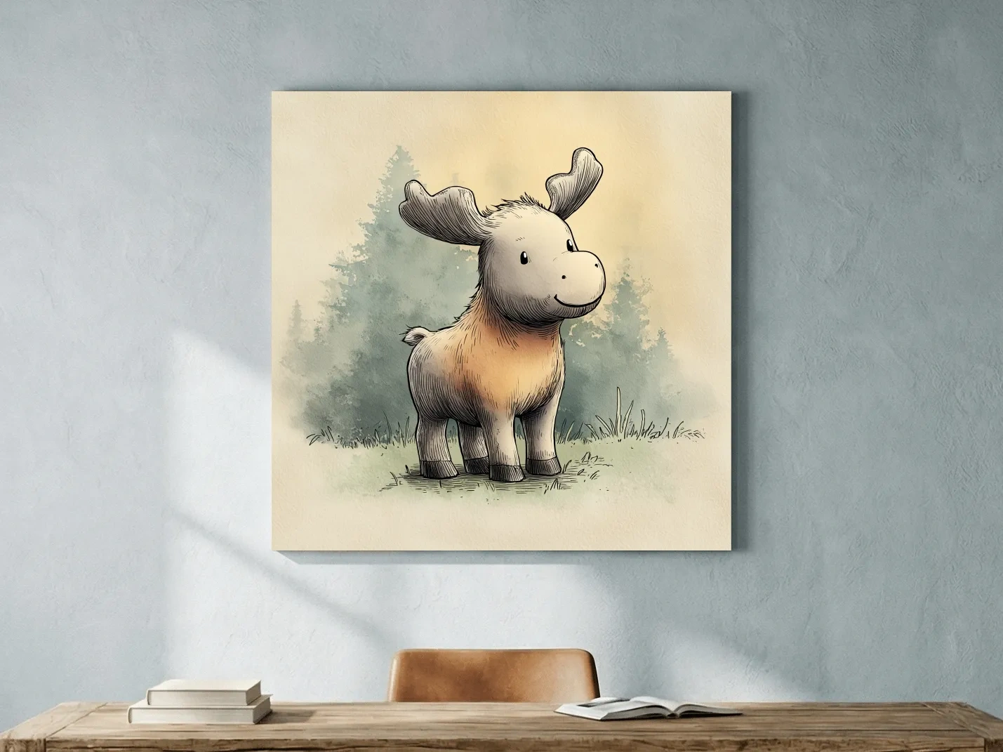Cute Baby Moose Watercolor Illustration - Woodland Nursery Animal Wall Art