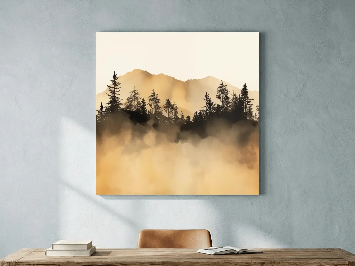 Misty Golden Mountain Pine Forest - Sepia Watercolor Landscape Wall Art