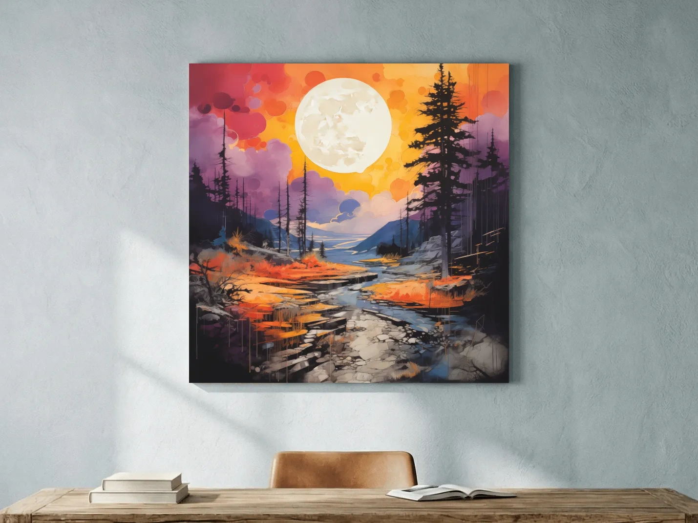 Vibrant River Valley Landscape Illustration - Abstract Sunset Forest Wall Art