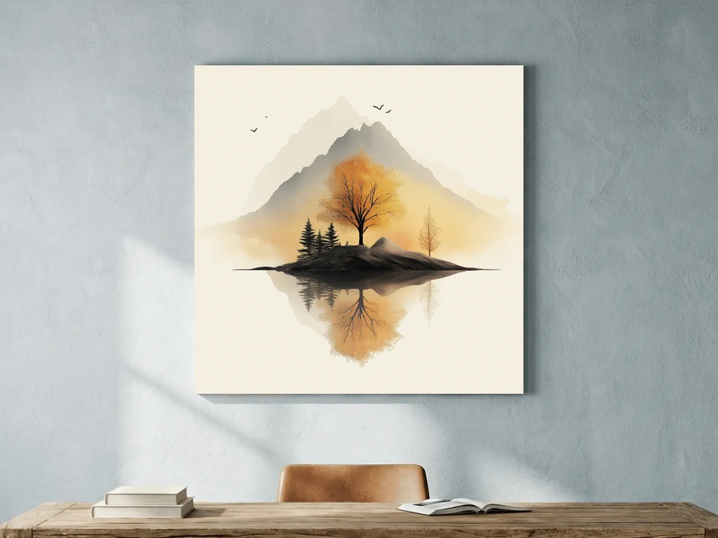 Minimalist Misty Mountain Lake Illustration - Serene Autumn Tree Landscape Wall Art