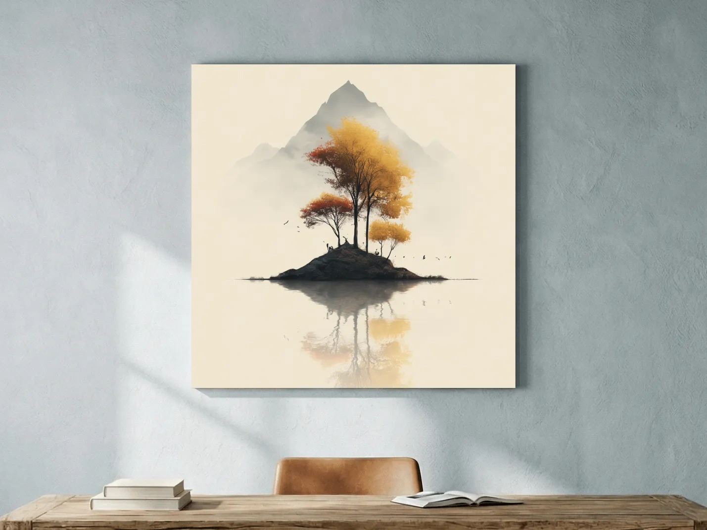 Minimalist Autumn Trees On Misty Lake Island - Serene Mountain Landscape Wall Art