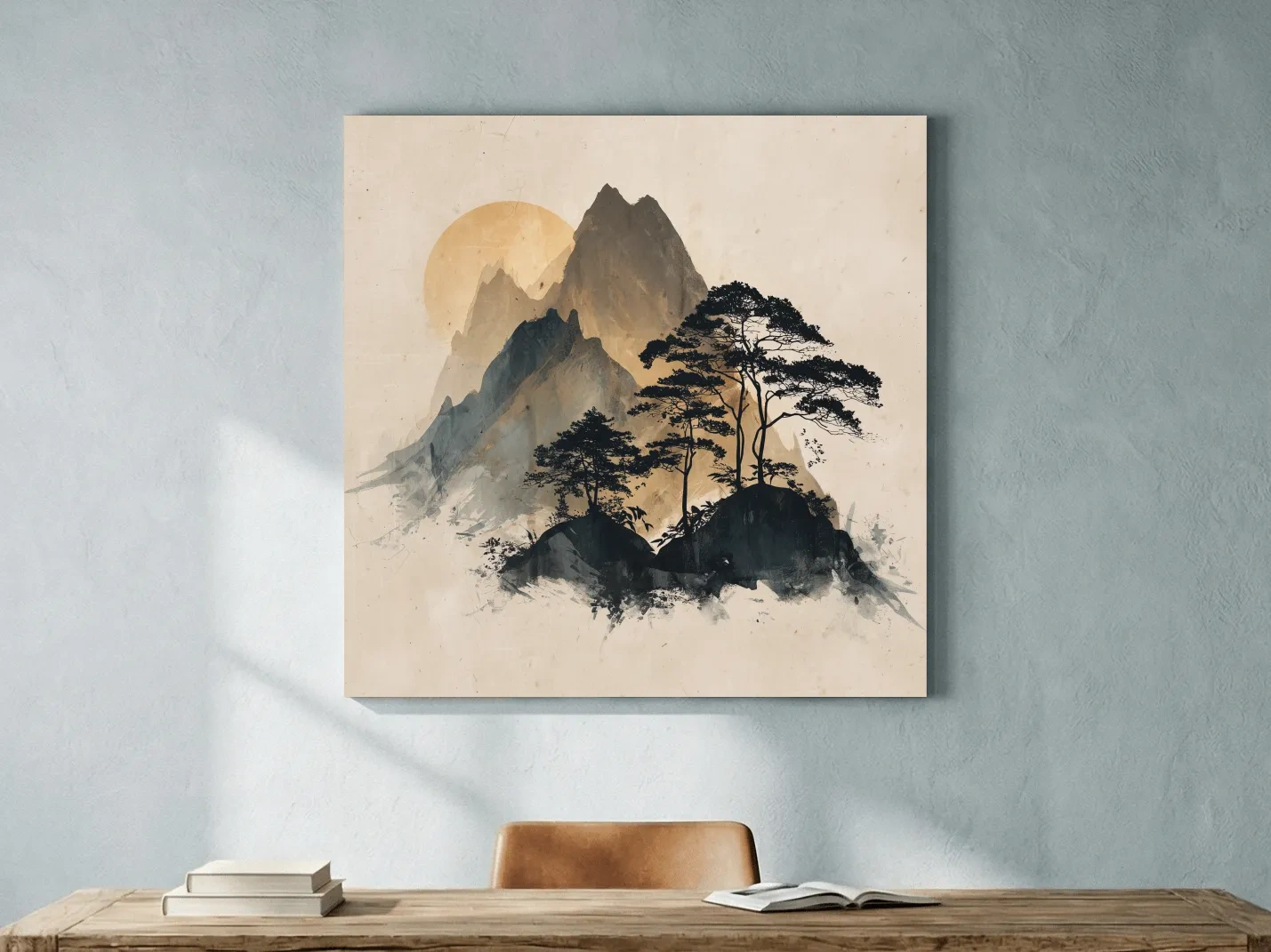 Zen Ink Wash Mountain Sunrise - Minimalist Japanese Pine Landscape Wall Art