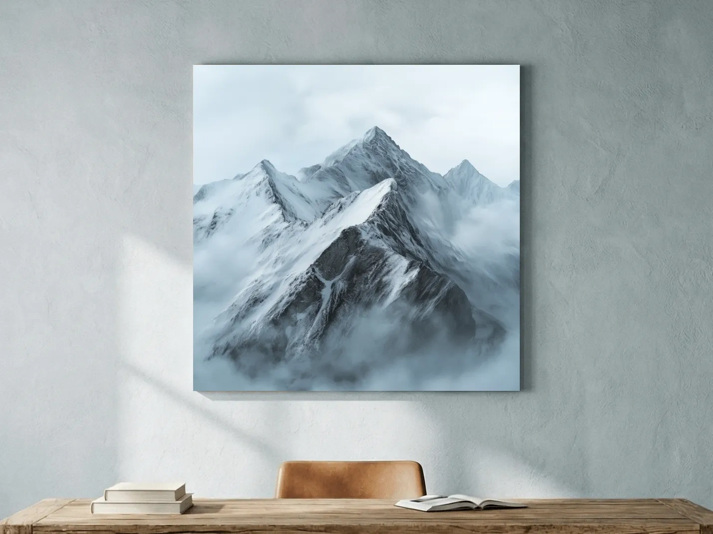Misty Snowcapped Alpine Peak Landscape - Monochrome Photographic Mountain Wall Art