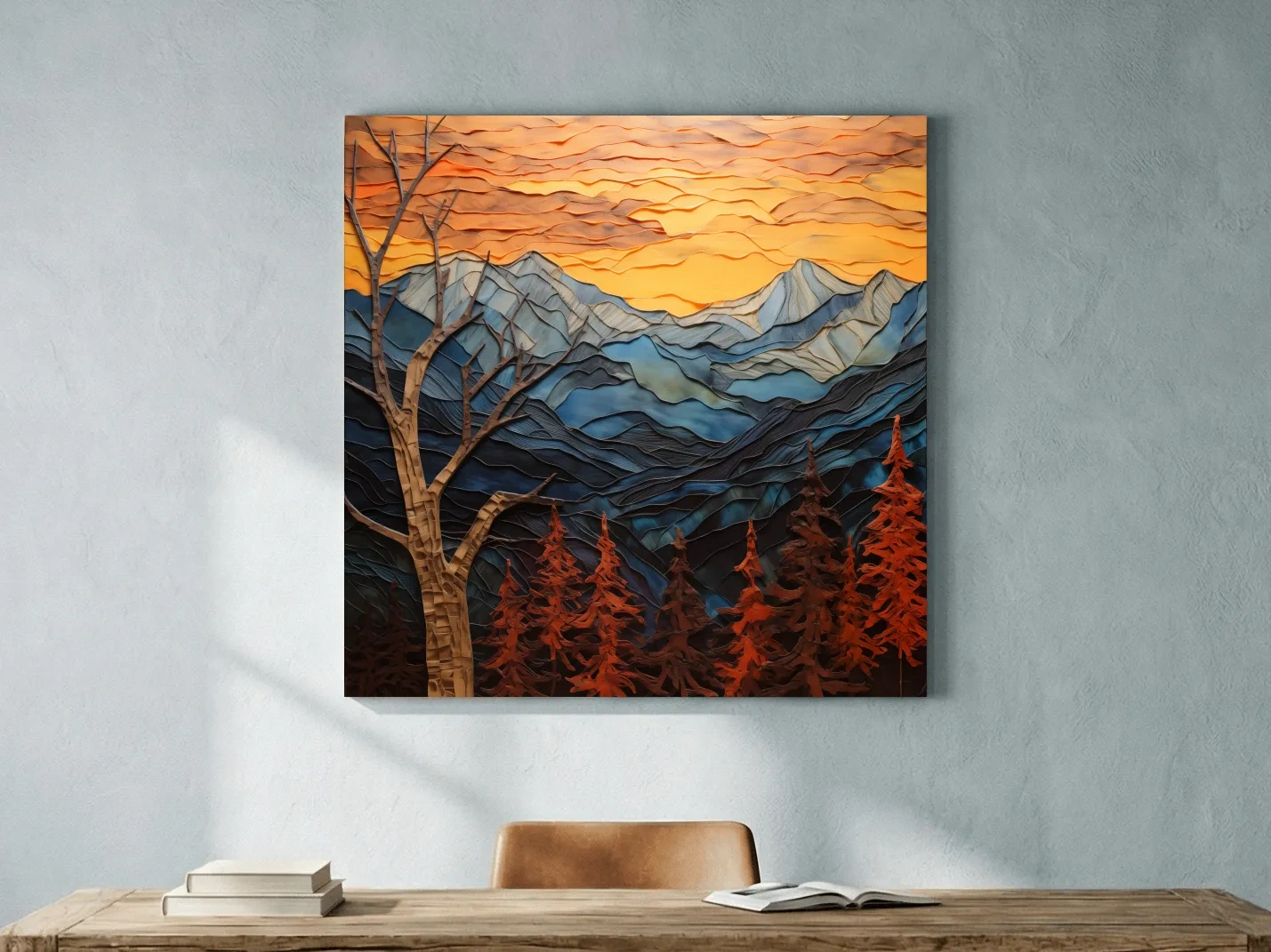 Layered Paper Cut Alpine Mountain Sunset - Mixed Media 3D Landscape Wall Art