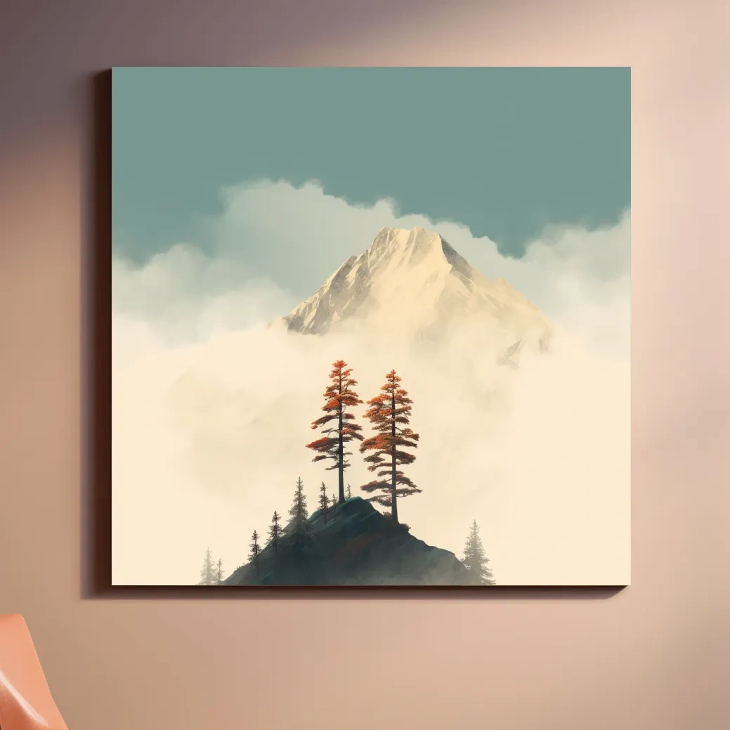 Minimalist art, trees before a glacier in the clouds