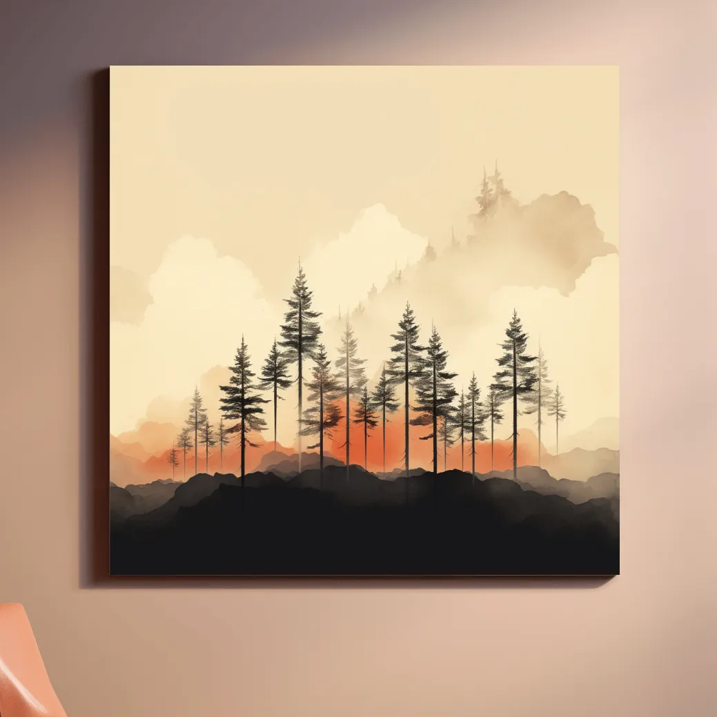 Minimal mountain artwork, tree line in the mist