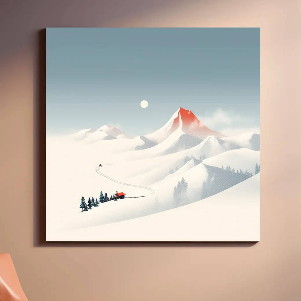 Minimal mountain art, skier leaves skin tracks from the cabin