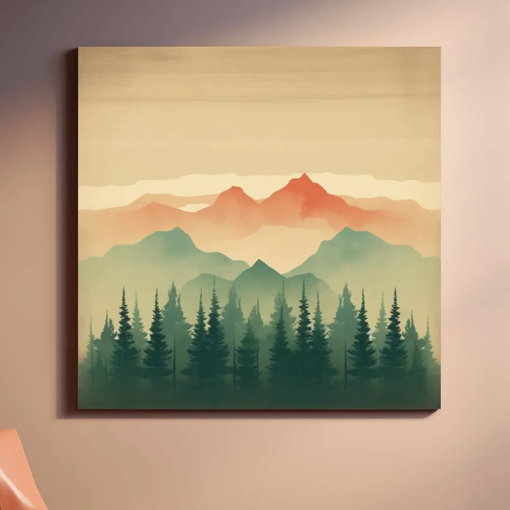 Minimal mountain artwork, treeline in the alpine mist