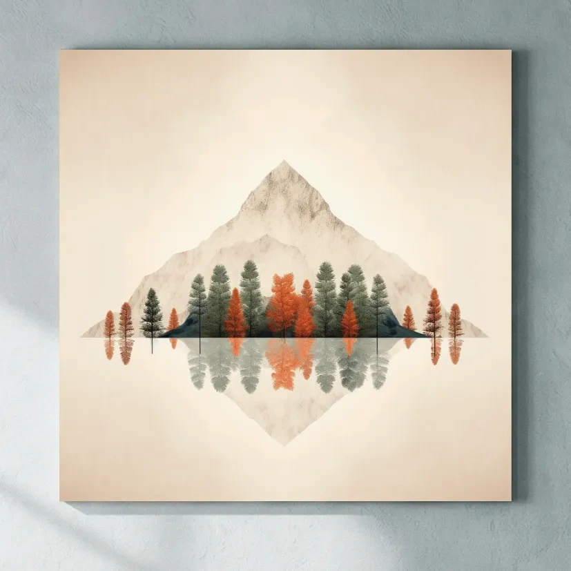 Minimalist Minimal Mountain Lake Reflection Painting - Autumn Pine Forest Artwork