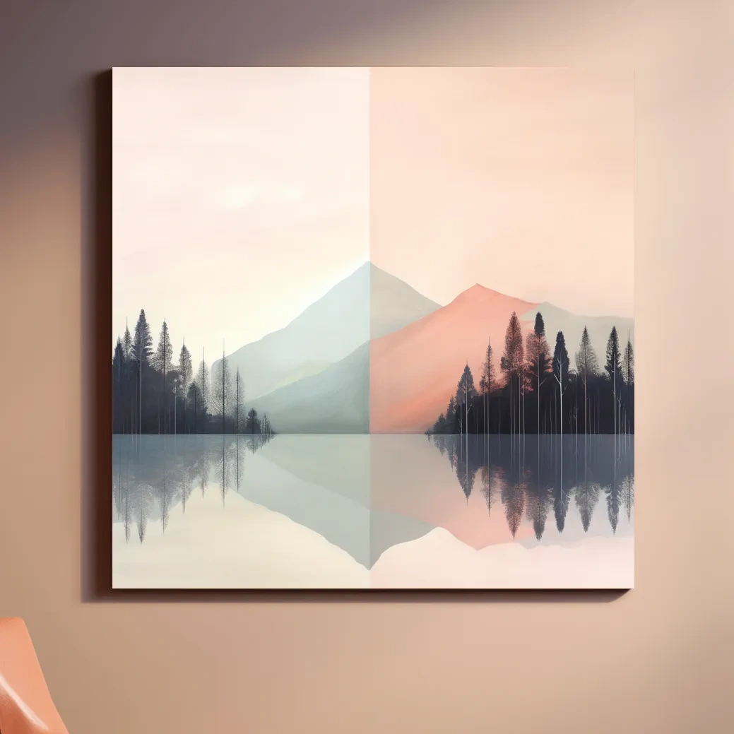 Mimimal mountain art, alpine treelined lake