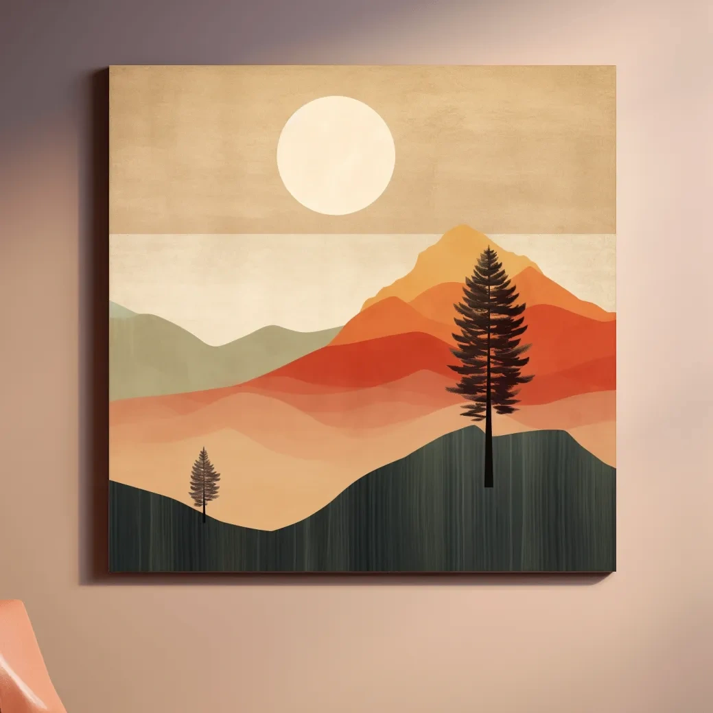 Mimimalist mountain art, sunset over the mountains