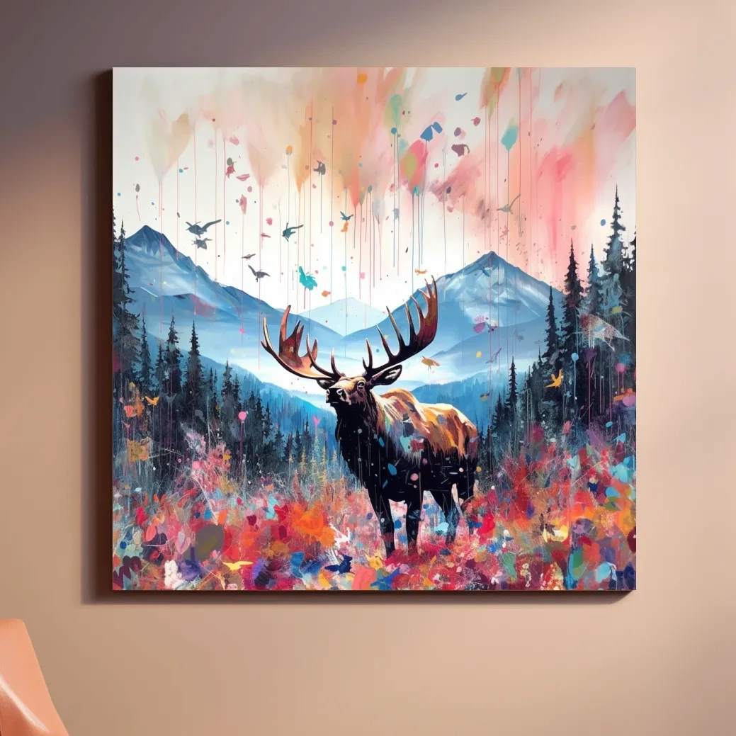 Abstract splattered painting of a large moose