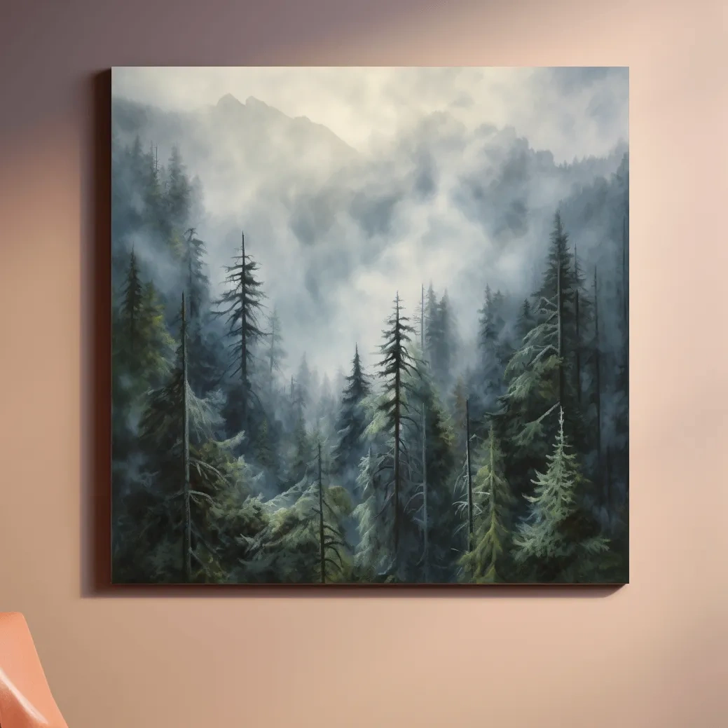 Painting of foggy forest in the mountains