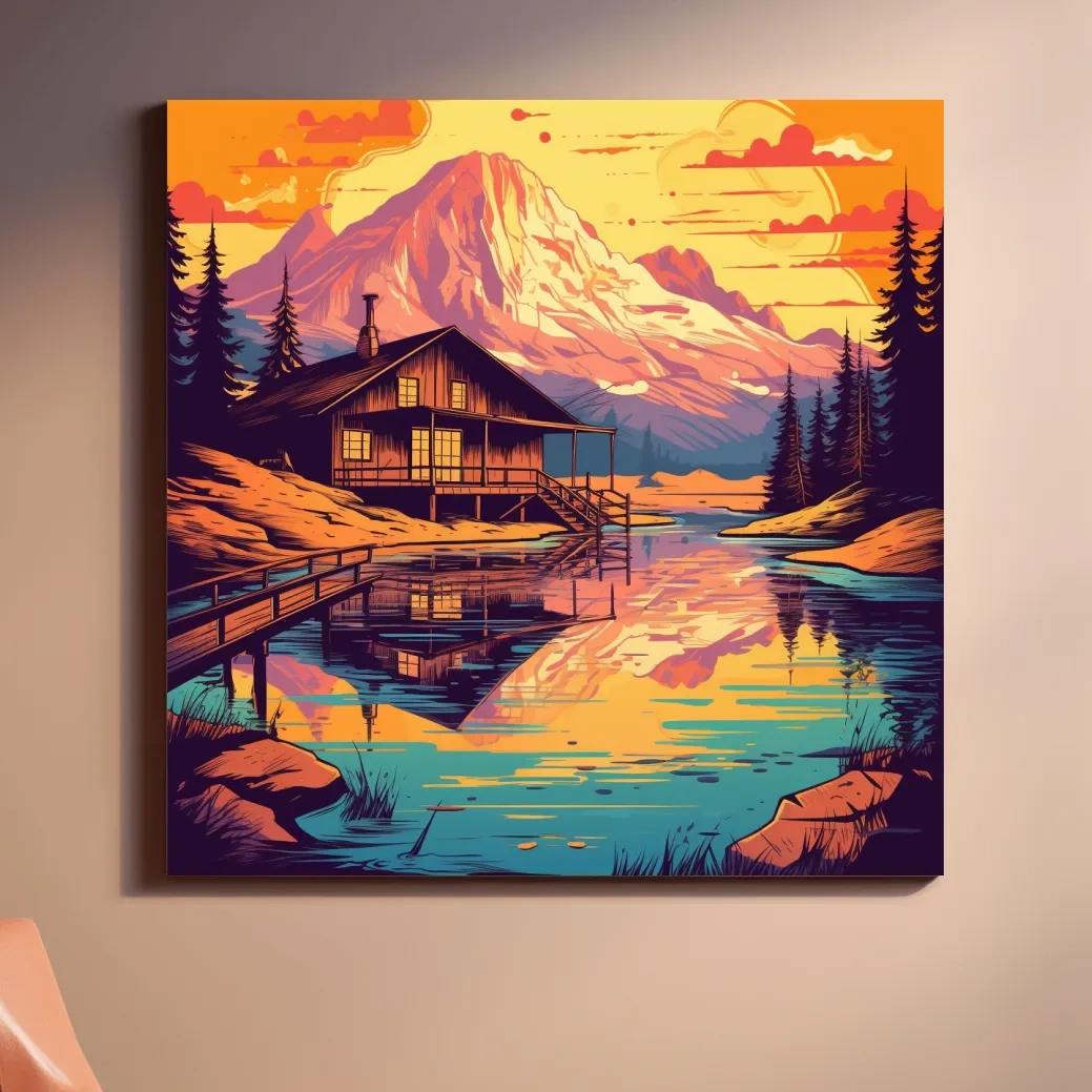 Colourful illustration of a cabin by an alpine lake at sunset