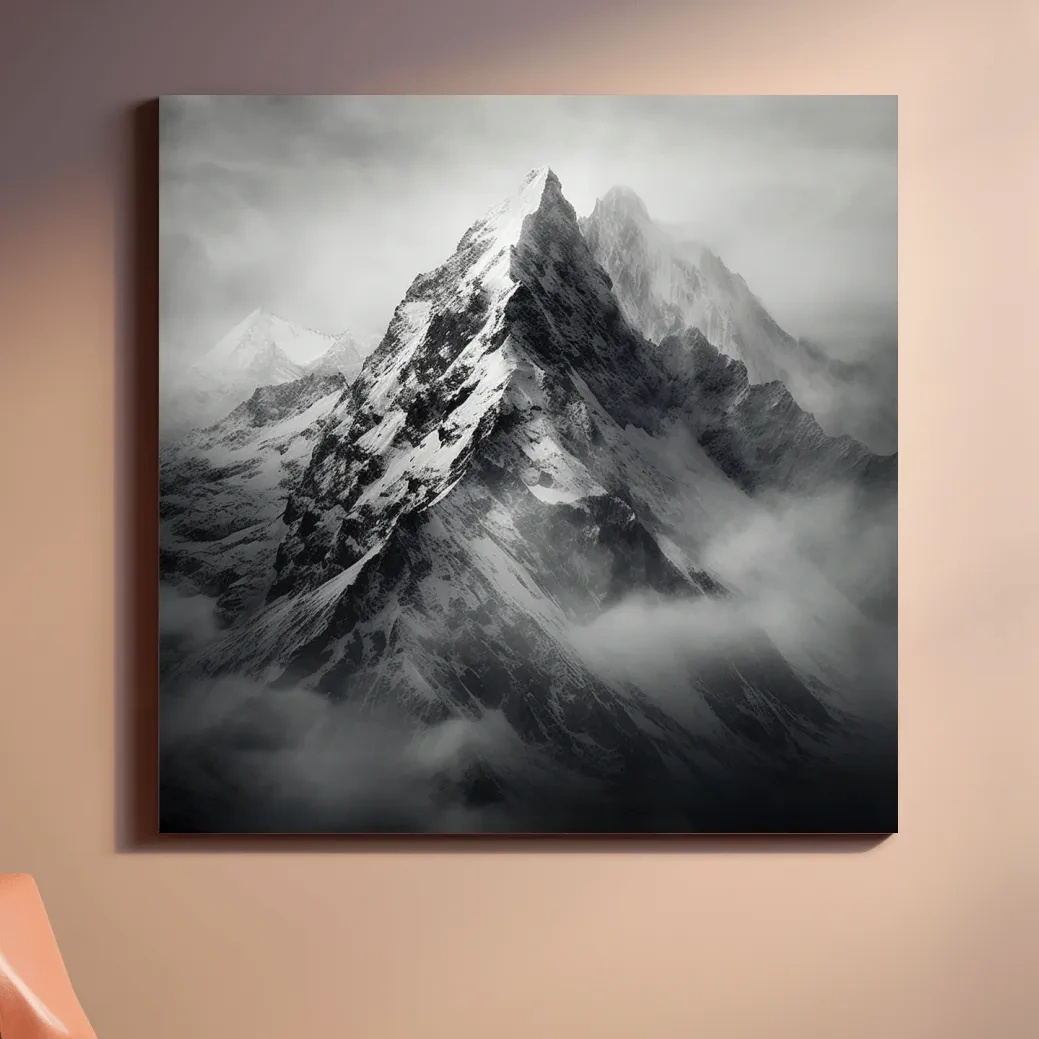 Moody Monochrome Snowcapped Mountain Peaks - Photographic Alpine Wall Art
