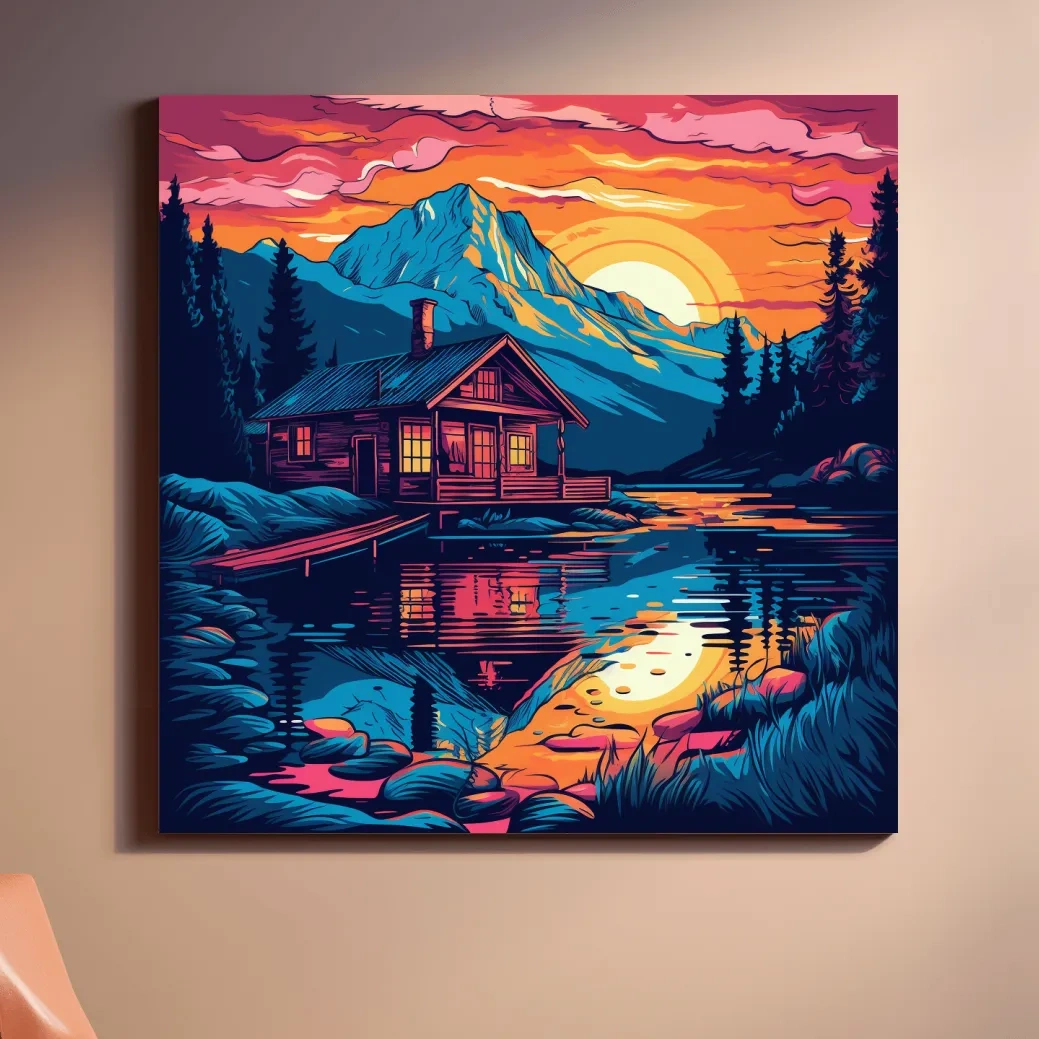 Illustration of a cabin by a lake at sunset