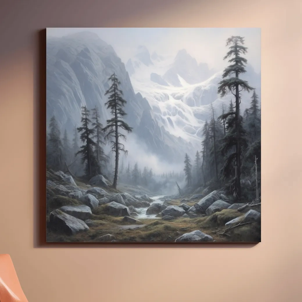 Painting of fog rolling through an alpine scene
