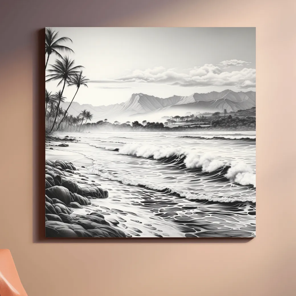 Black and white drawing of a tropical beach mountain scene