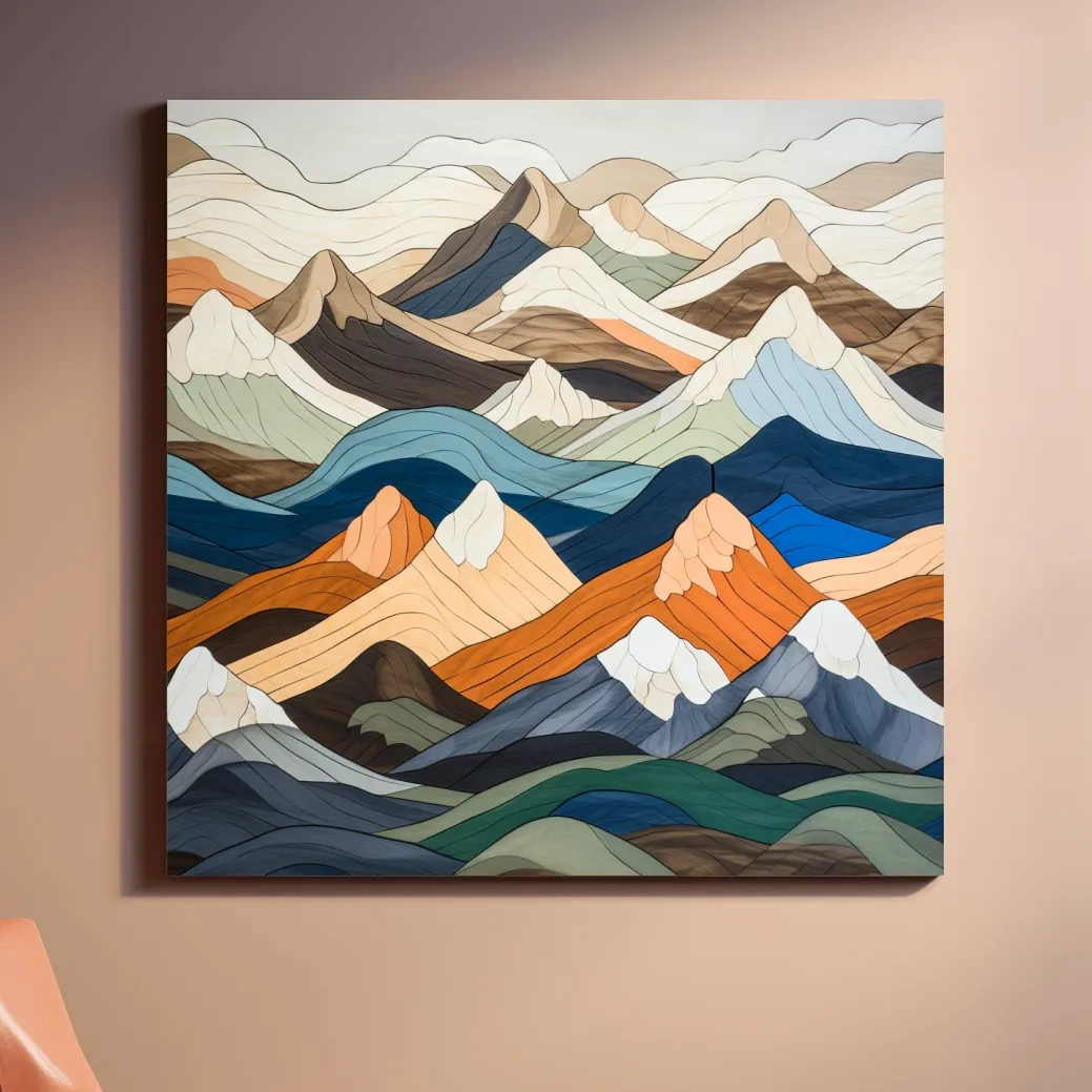 Wooden art, snow mountain peaks