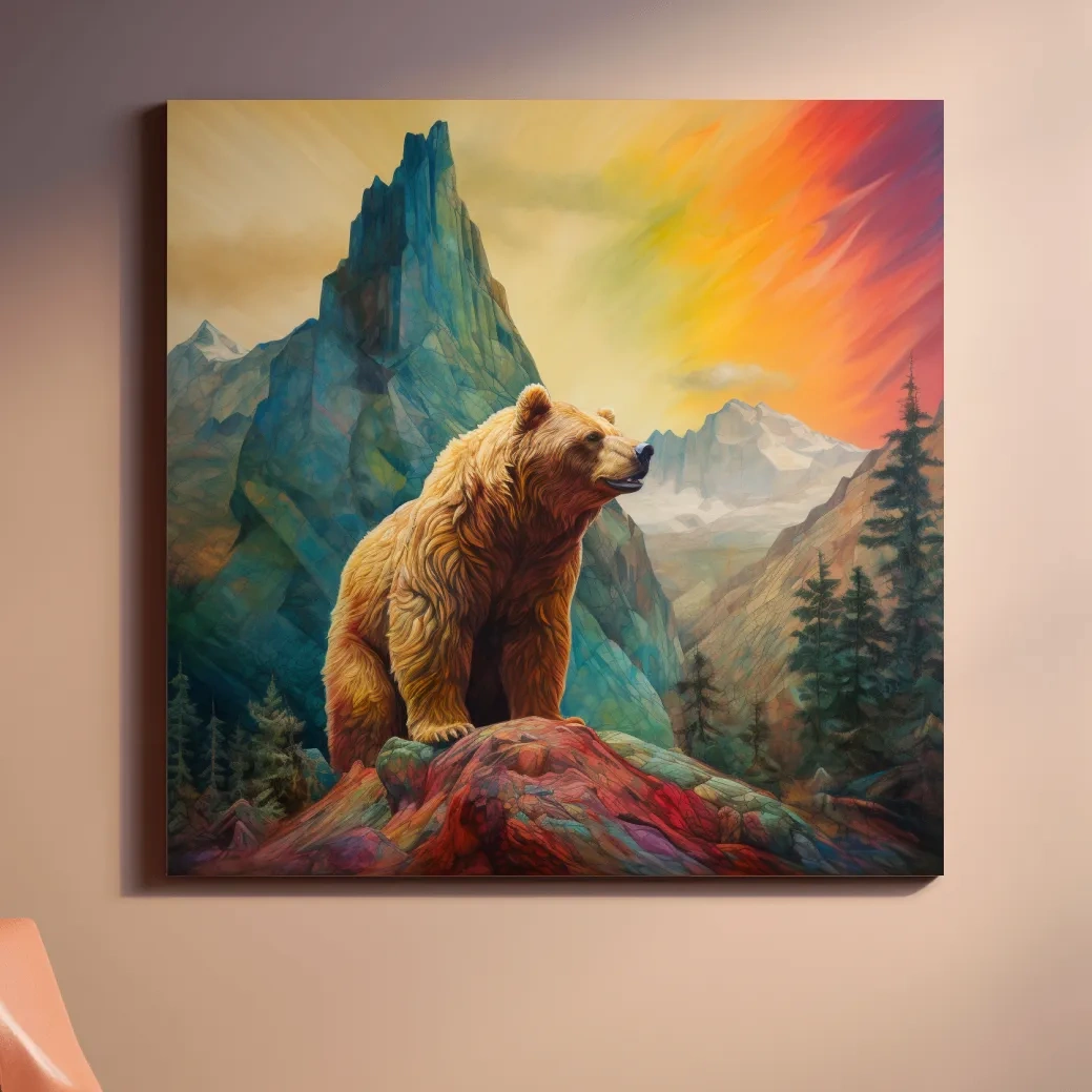 Colourful painting of a gizzly bear in the mountains