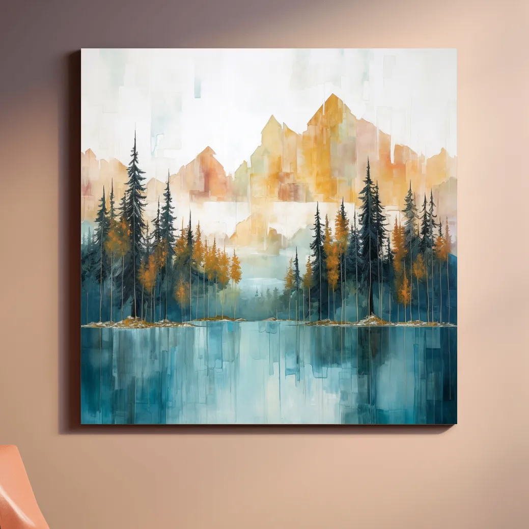Watercolour painting of an alpine lake in the mountains