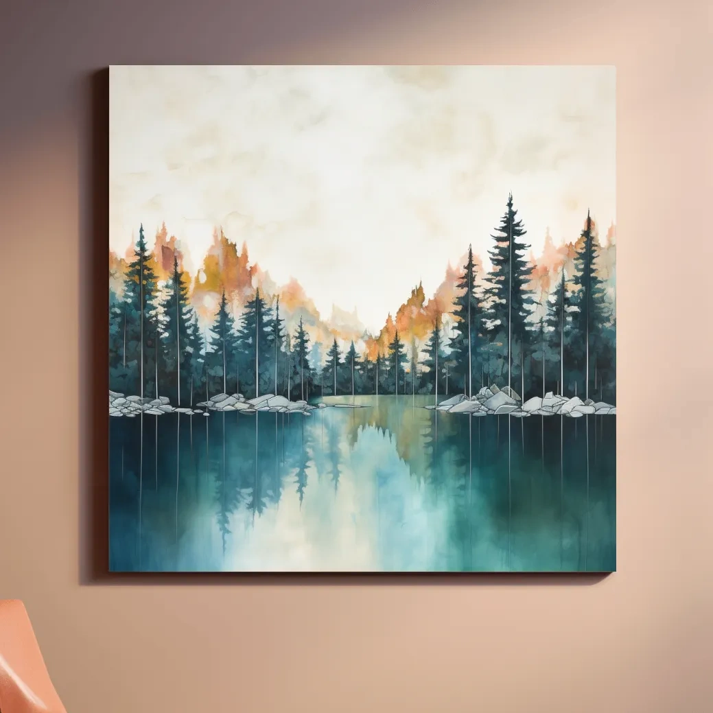 Misty Forest Lake Watercolor Painting - Serene Landscape Wall Art