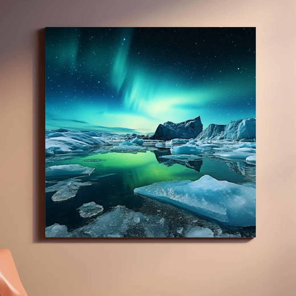 Photographic art, turquoise northen lights over the artic ice