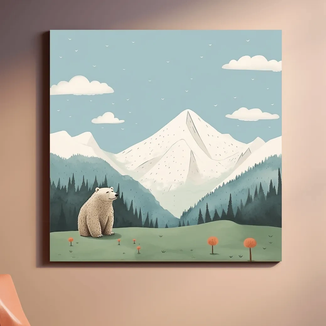 Illustration of a happy bear sitting in the alpine