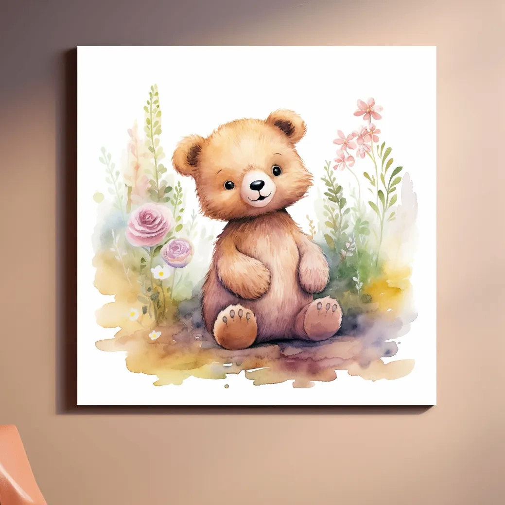 Nursery art, watercolor painting of a cute baby bear