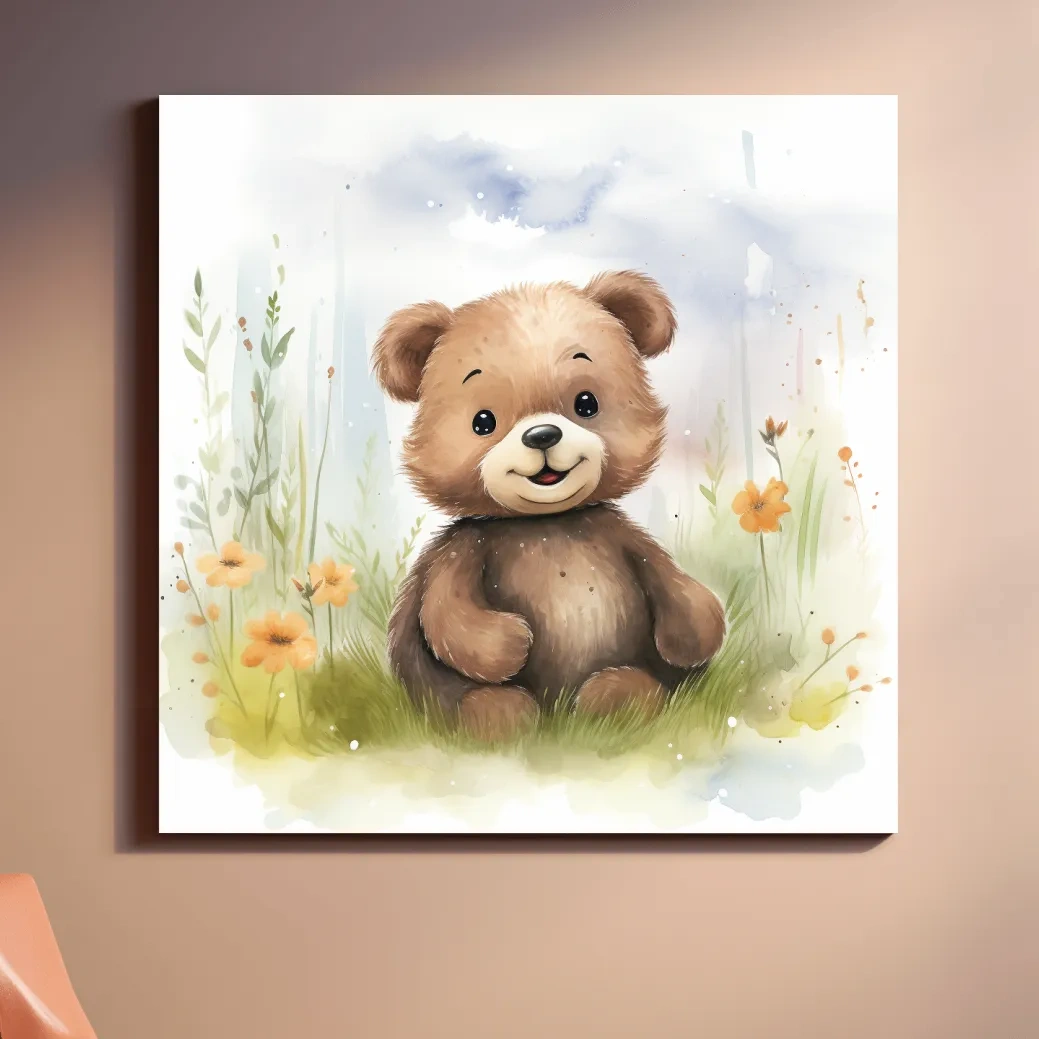 Nursery illustration, watercolor painting of a cute happy bear cub
