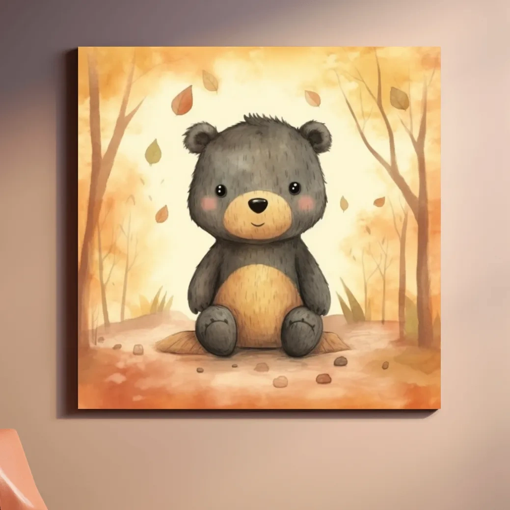 An illustration of a cute bear sitting in the forest, childrens art
