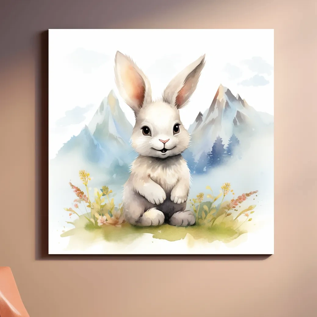 Nursery art - watercolor painting of a cute bunny rabbit in the mountains