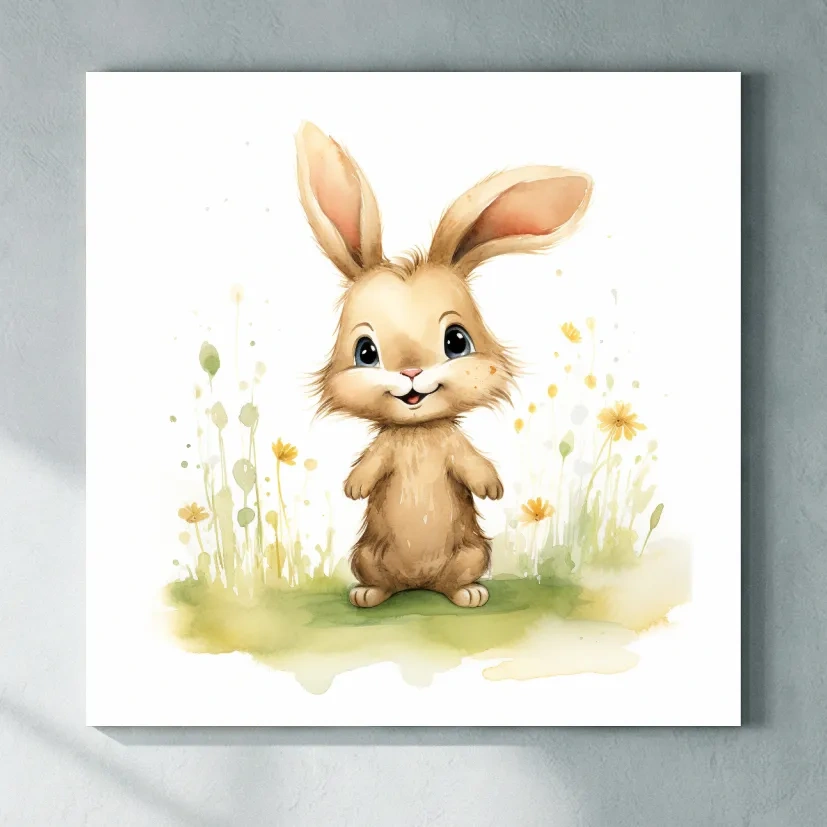 Cute Watercolor Bunny In Wildflowers - Whimsical Nursery Animal Wall Art