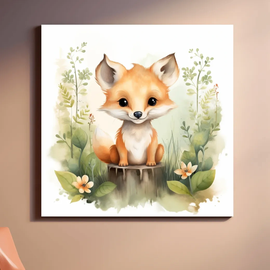 Watercolor nursery art illustration, a cute fox cub sitting on a log