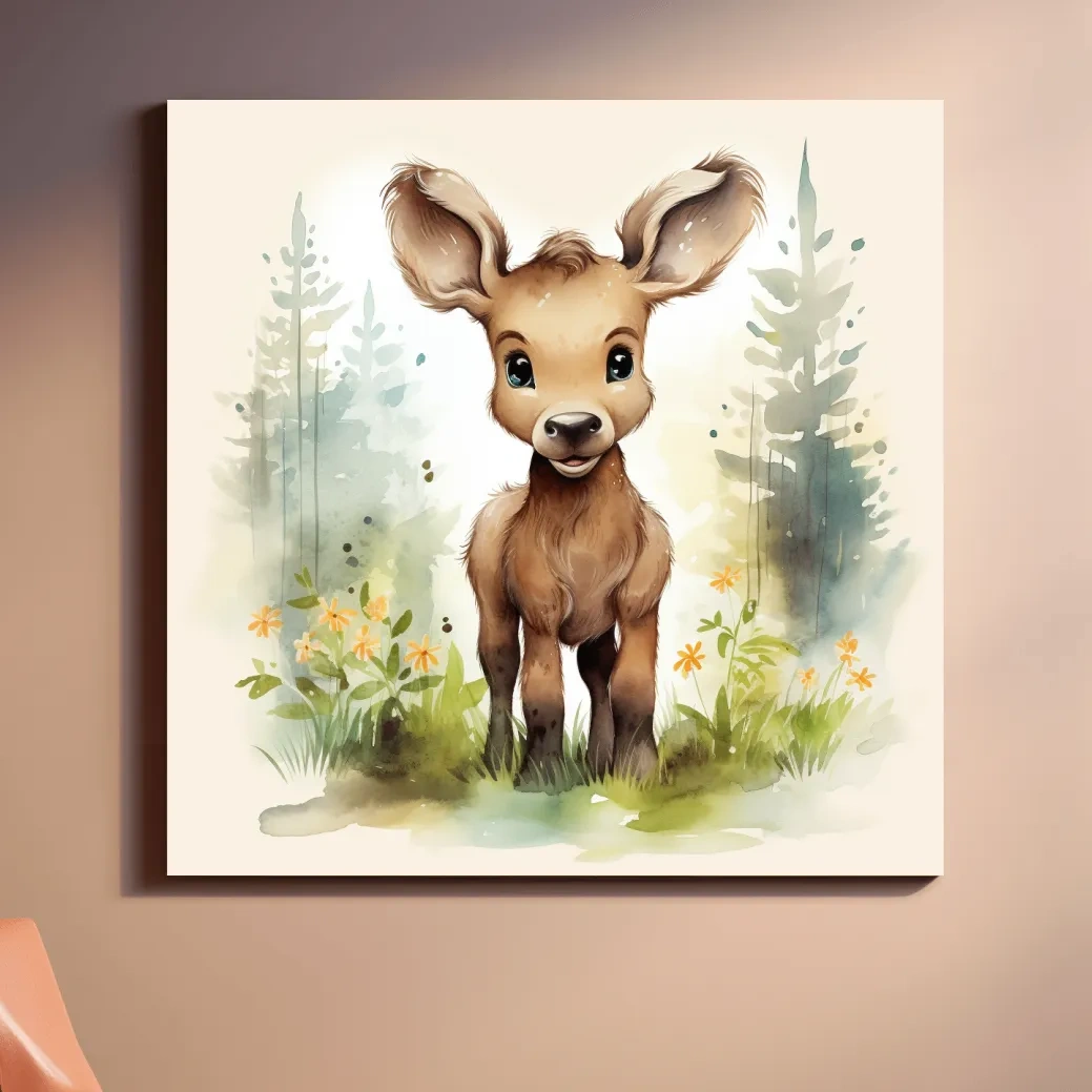 Nursery art watercolor painting, a cute baby deer in the forest