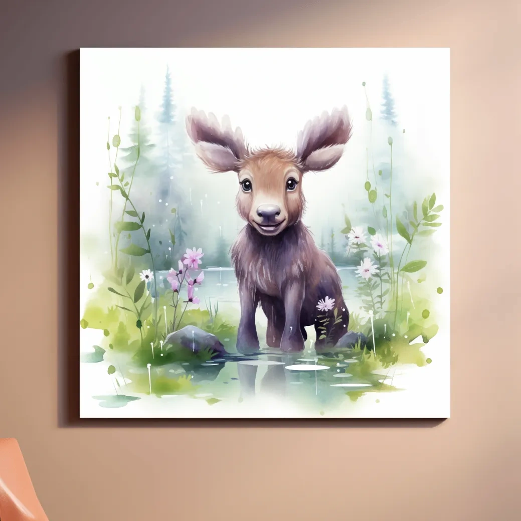 Watercolor painting of a cute baby moose in the forest, nursery art